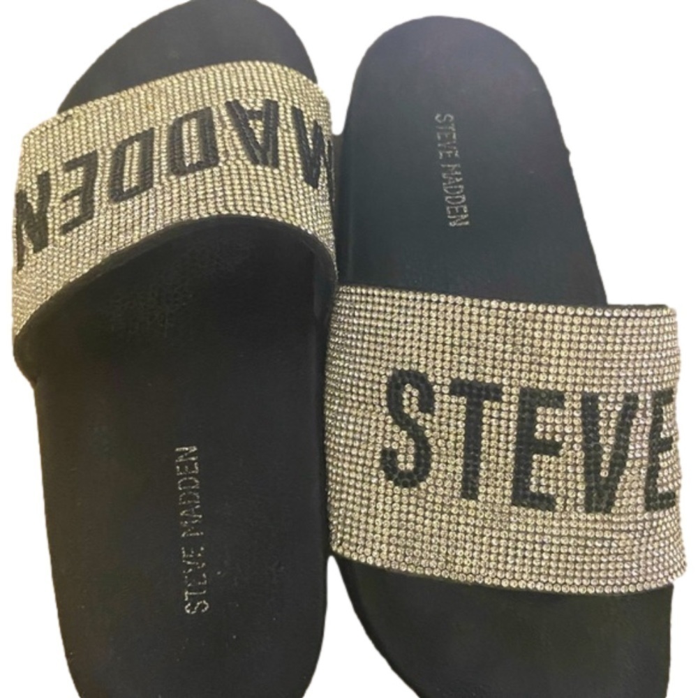 Steve Madden Womens Black Slide Sandals Bling Rhinestone Size 6